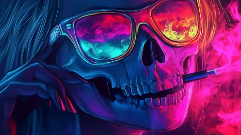 Neon skull portrait with vapor glass reflections and smoke