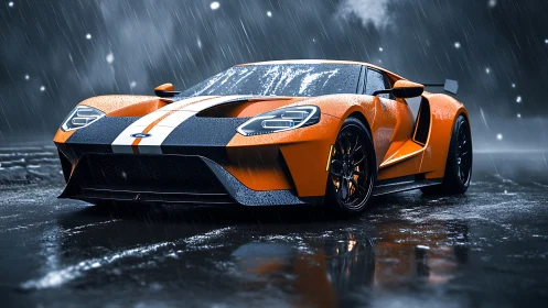 Orange supercar under rain on reflective urban asphalt.