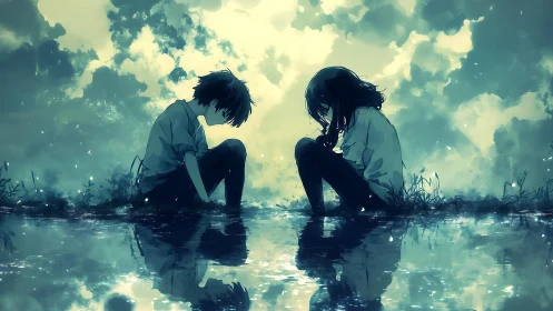 Two pensive youths sit by reflective water under stormy sky