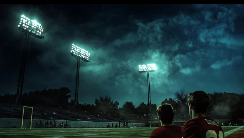 High school football players under bright stadium lights.