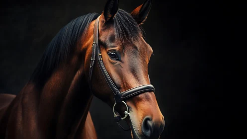 Brown horse head portrait with bridle against dark backdrop