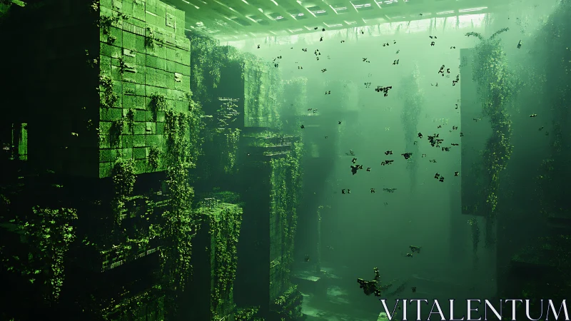 Overgrown submerged ruins glow in luminous green haze.