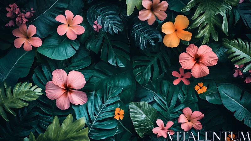 Vibrant Blooms Dance Among Lush Tropical Foliage