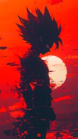 Spiky haired warrior silhouette against fragmented crimson sun