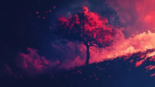 Lone crimson tree burns against a dreamlike twilight sky