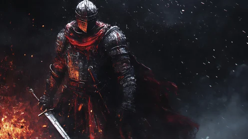 Armored knight strides through embers with burning resolve.