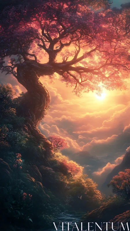 Twisting hilltop tree above glowing clouds at sunset.