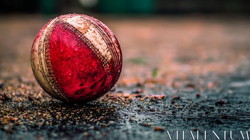 Weathered cricket ball rests on wet gritty ground after play