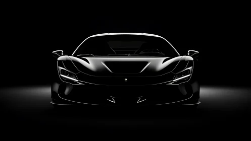 Front view of black performance car in low key studio lighting.