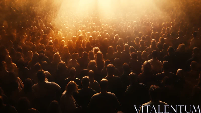 Backlit crowd stands united beneath glowing golden light.
