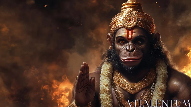 Hyperrealistic simian deity portrait with ornate gold regalia