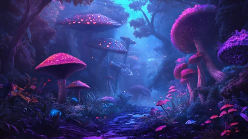 Bioluminescent mushroom forest with glowing riverbed path at dusk