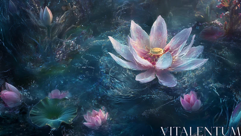 Luminous crystal lotus blooms over dark iridescent water