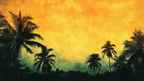 Textured tropical palm silhouettes against gradient sunset sky