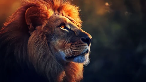 Majestic lion portrait under warm dramatic sunset light.