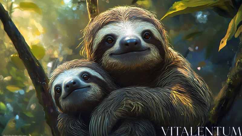 Digital rendering of two sloths hugging on sunlit rainforest branch