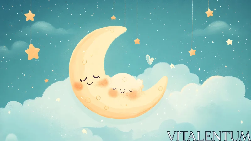 Crescent moon and cloud character rendered in soft pastel night sky