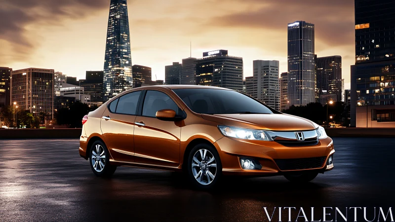 Copper city commuter glides forward under evening towers