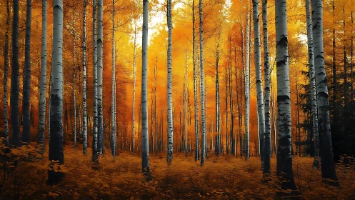 Birch forest panorama in saturated golden autumn light.