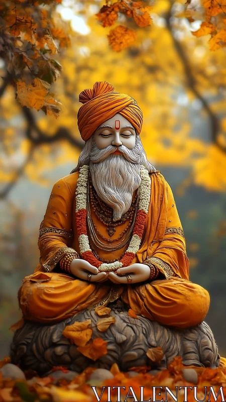 Saffron sage in autumn hush, carved calm and golden stillness.