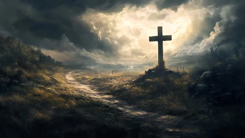 Weathered stone cross overlooks stormlit rural pathway