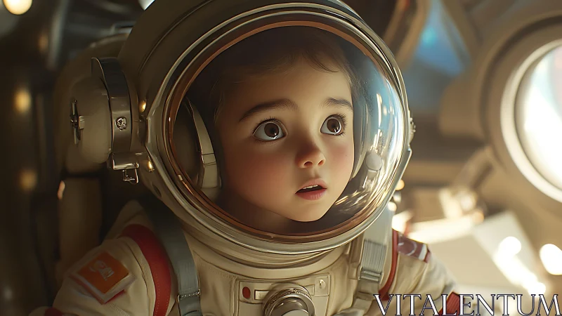 Wide eyed child astronaut inside glowing space capsule.