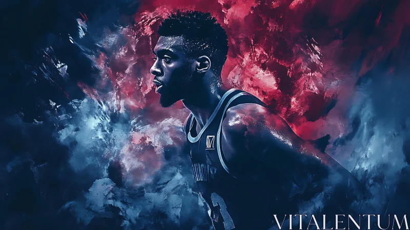 Storm-lit baller strides through red and blue wildfire skies.