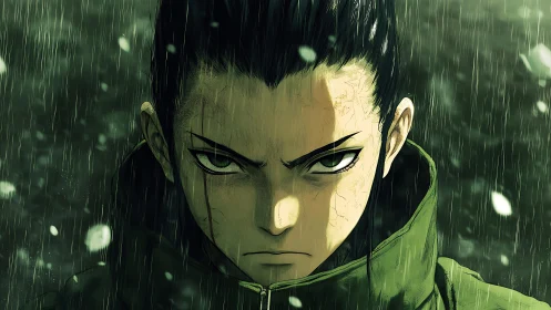 Storm-eyed warrior standing unshaken beneath green rain.