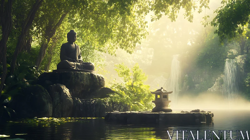 Buddha statue glows in serene forest garden beside waterfalls.