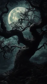 Moonlit wyrmwood tree coils beneath a stormlit sky.