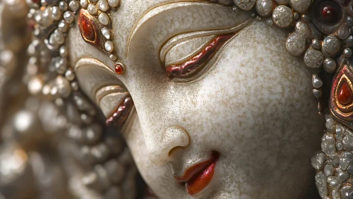Photorealistic jeweled goddess sculpture close-up portrait study.