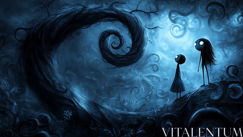 Two glowing-eyed figures wander a haunted blue forest