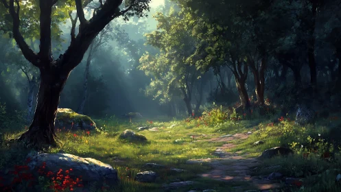 Enchanted Forest Clearing With Ancient Trees and Wildflowers