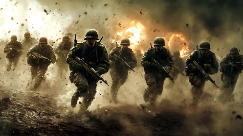 Storm of Courage: Soldiers Charging Through Firestorm.