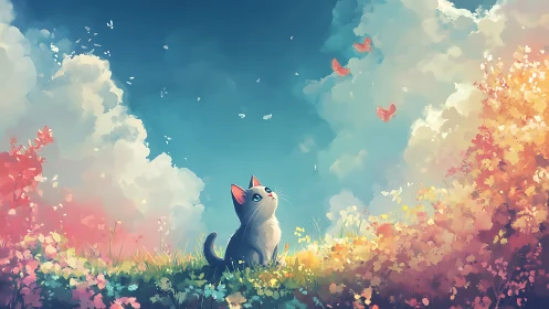 Daydreaming meadow cat under cotton-candy clouds of spring.