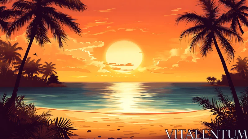 Sunset illuminates tropical shoreline with silhouetted palms