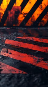 Industrial hazard stripes glow over wet textured floor.