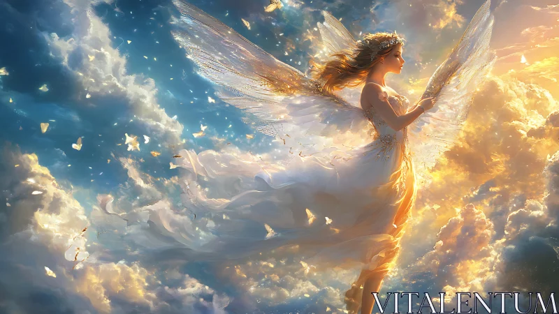 Sunlit skyborne seraph drifts through clouds of molten dawn.