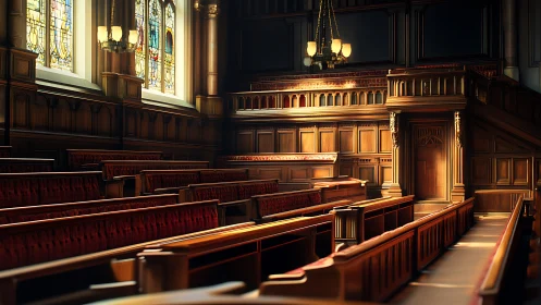 Historic wooden courtroom interior shows empty benches