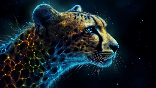 Neon cheetah profile in glowing cosmic night scene.