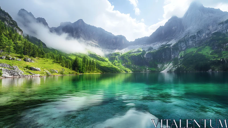 Emerald mountain lake with misty cliffs and green shoreline.