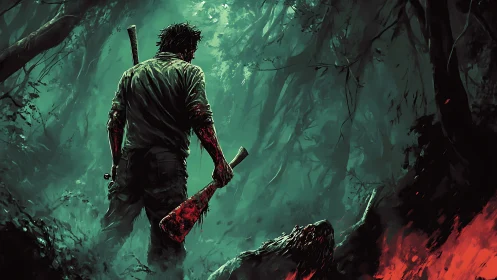 Bloody survivor holding axe in dark, burning forest.