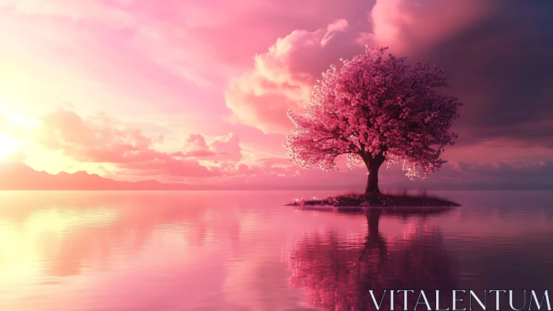 Serene pink blossom tree resting on a dreamy sunset lake.