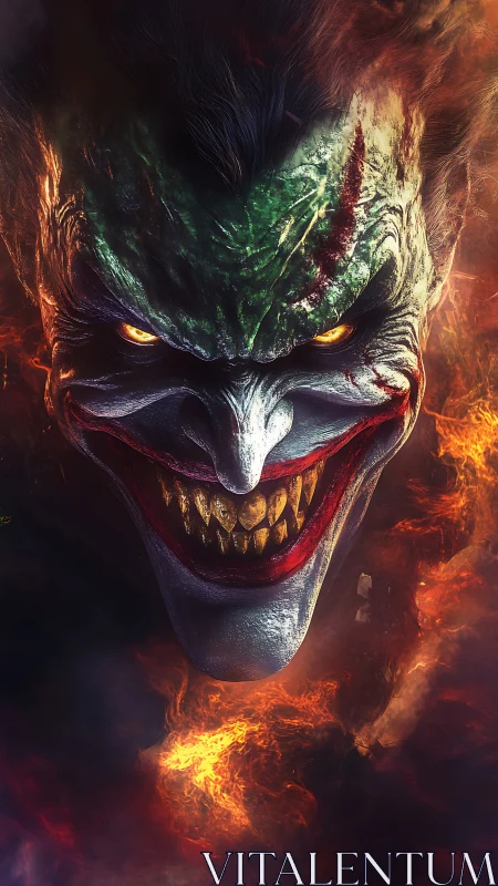 Flaming demonic clown visage emerging from swirling darkness.