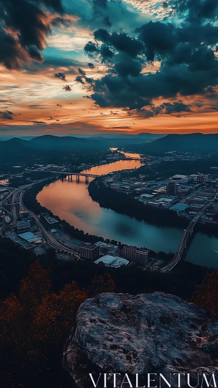 River bend cityscape under dramatic teal-orange sunset sky.