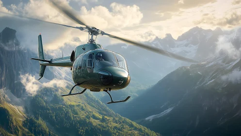 Military helicopter crosses sunlit alpine valley in dynamic flight