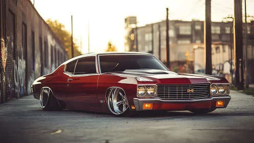Low-slung crimson muscle car prowls a graffiti city lane.