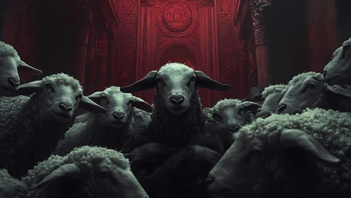 Sheep crowd framed by red-lit ornate archway indoors.