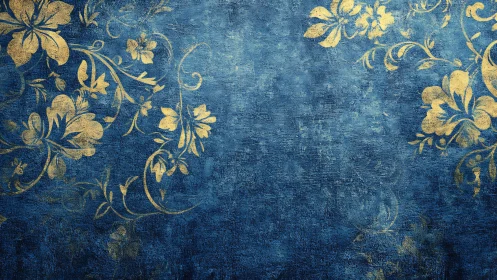 Gold floral scrollwork overlays textured ultramarine surface