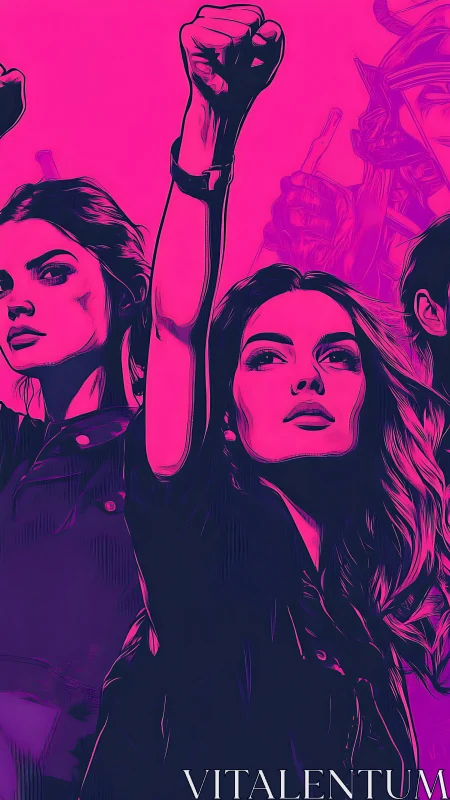 Fist-raised women in neon magenta protest poster illustration.